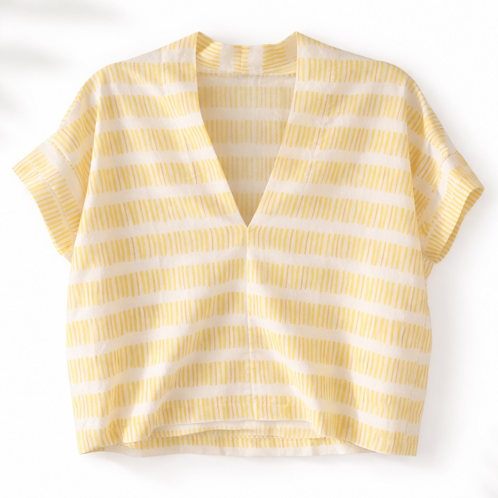 Brooke Wright Designs Yellow Stripe Cotton Boxy V-Neck Top One Size Resort